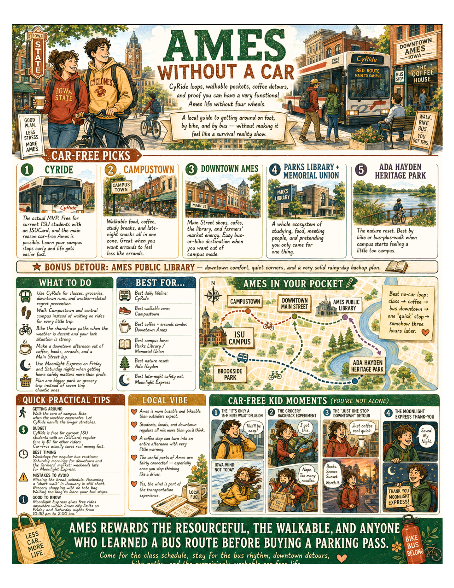 Illustrated Ames Without a Car poster for Ames, Iowa