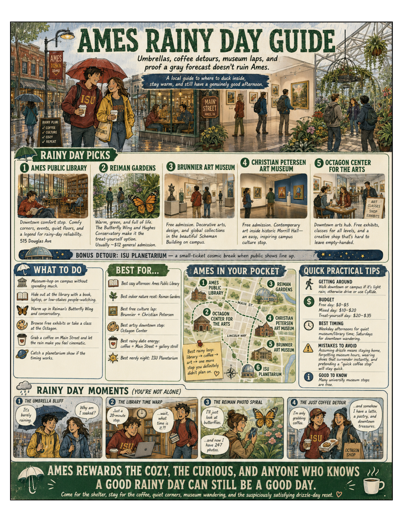 Illustrated Ames Rainy Day Guide poster for Ames, Iowa
