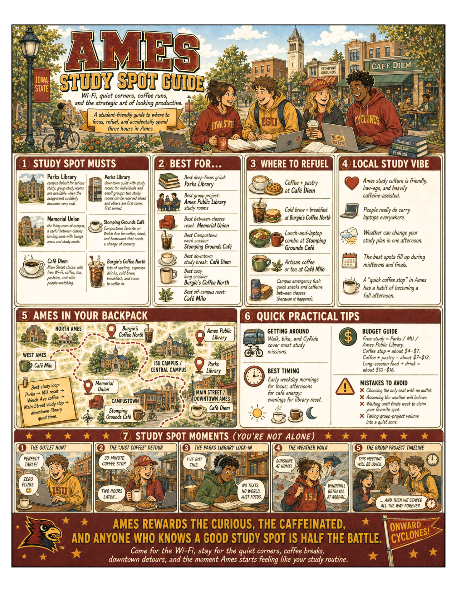 Illustrated Ames Study Spot Guide poster for Ames, Iowa