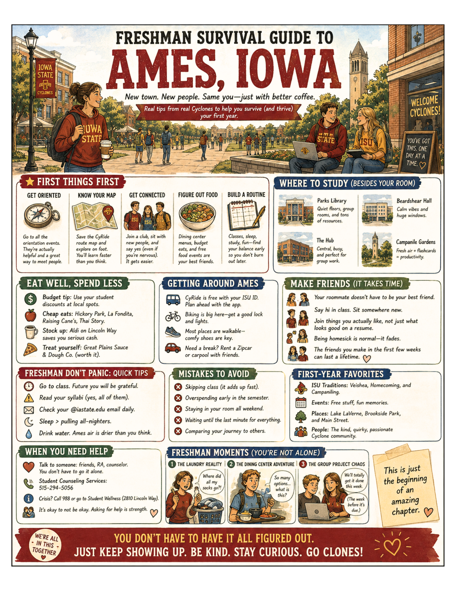 Illustrated Freshman Survival Guide to Ames poster for Ames, Iowa