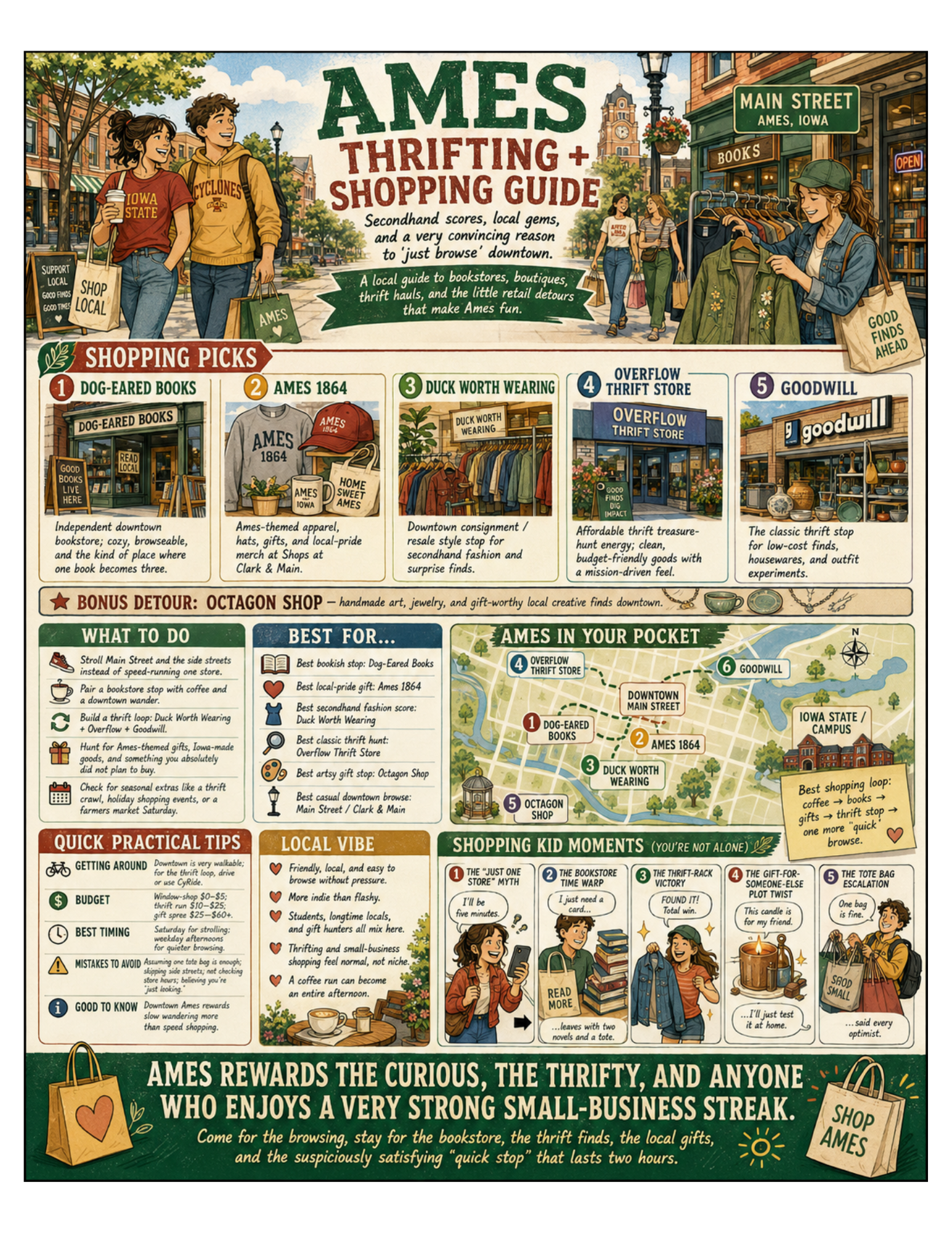 Illustrated Ames Thrifting + Shopping Guide poster for Ames, Iowa