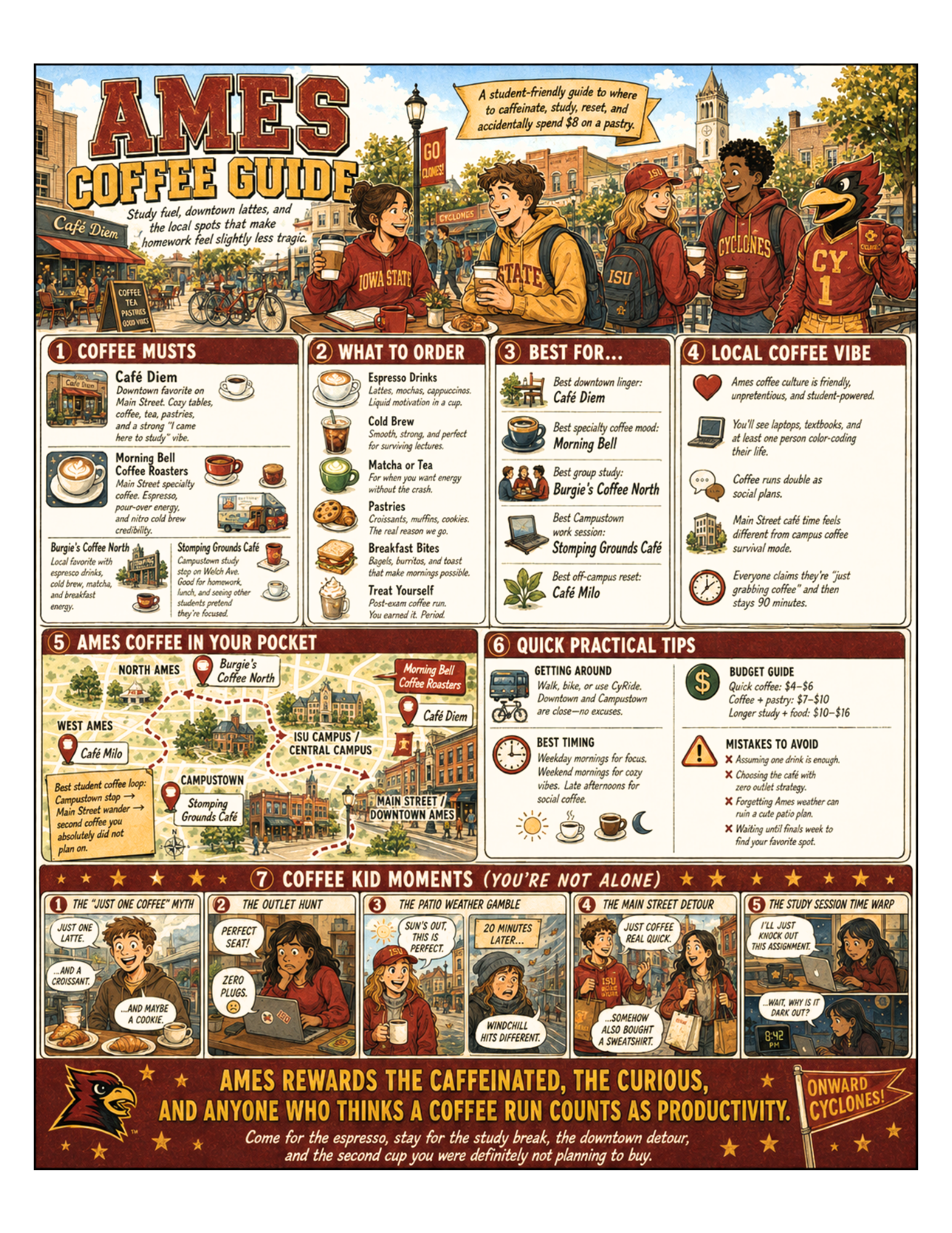 Illustrated Ames Coffee Guide poster for Ames, Iowa